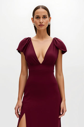 Burgundy Satin Sheath V-Neck Long Holiday Party Dress with Slit