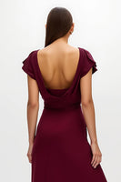 Load image into Gallery viewer, Burgundy Satin Sheath V-Neck Long Holiday Party Dress with Slit