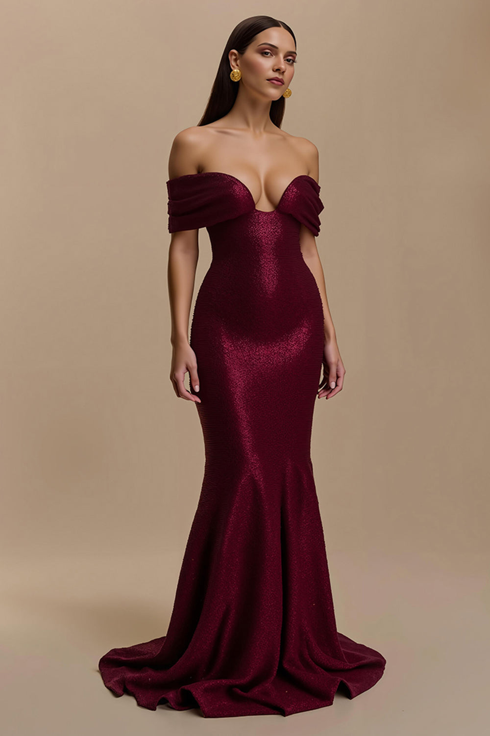 Sparkly Burgundy Mermaid Off the Shoulder Long Holiday Party Dress