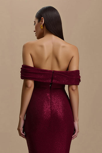 Sparkly Burgundy Mermaid Off the Shoulder Long Holiday Party Dress