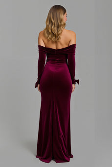 Burgundy Sheath Off the Shoulder Holiday Party Dress with Slit