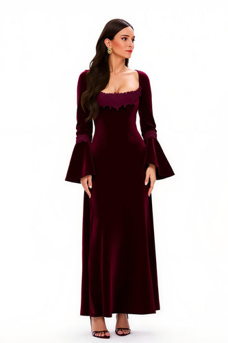 Burgundy Sheath Square Neck Long Holiday Party Dress with Sleeves