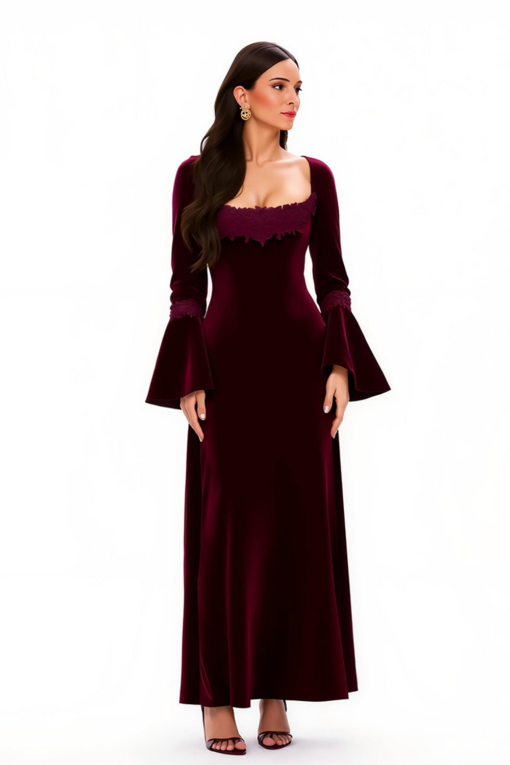 Burgundy Sheath Square Neck Long Holiday Party Dress with Sleeves