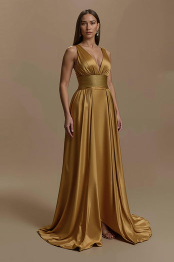 Simple Golden Satin V-Neck Long Holiday Party Dress