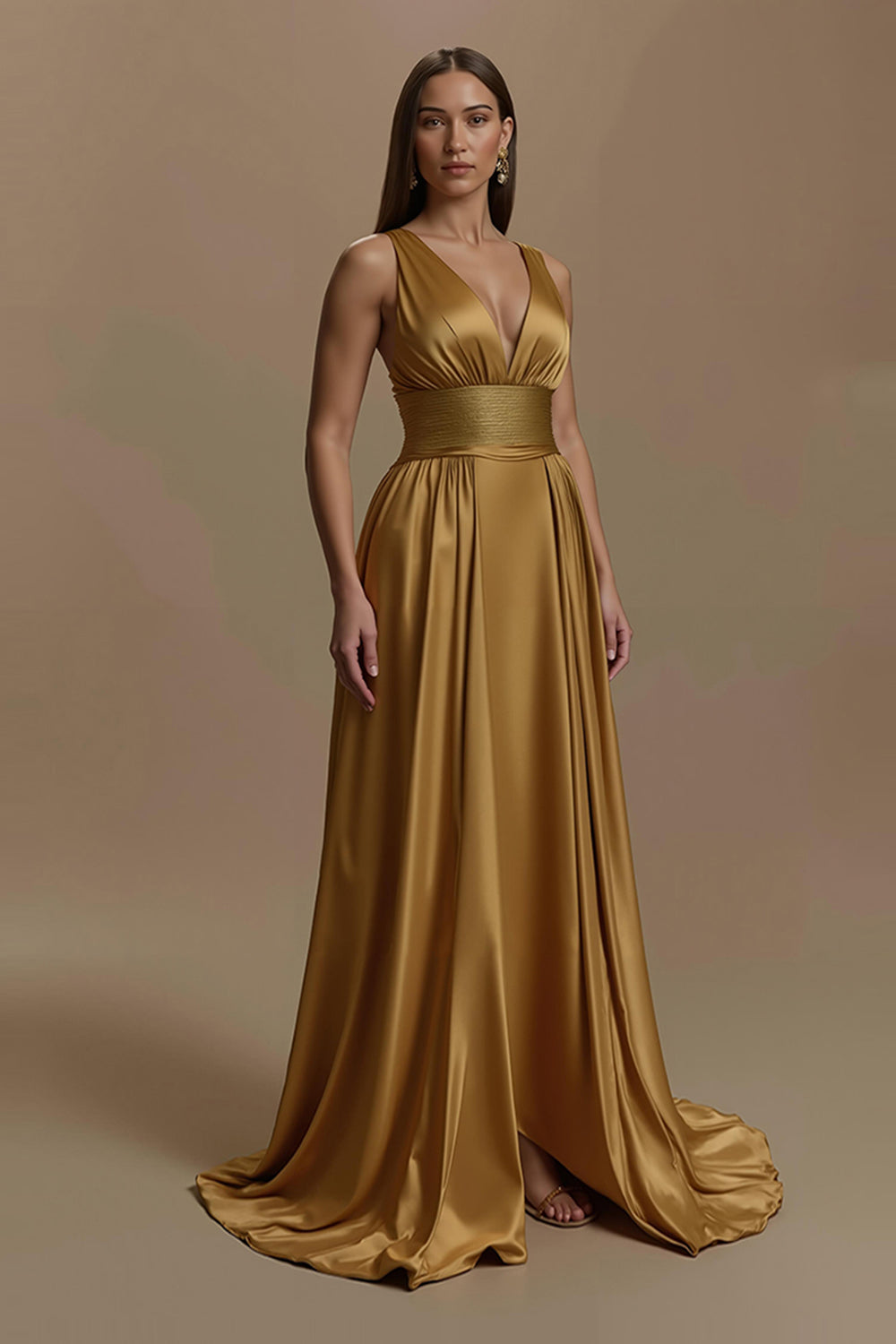 Simple Golden Satin V-Neck Long Holiday Party Dress