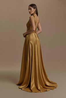 Simple Golden Satin V-Neck Long Holiday Party Dress