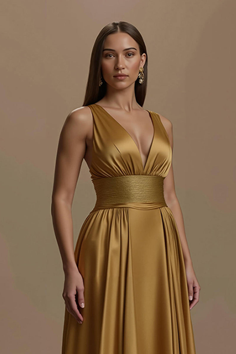 Load image into Gallery viewer, Simple Golden Satin V-Neck Long Holiday Party Dress