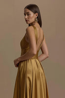 Load image into Gallery viewer, Simple Golden Satin V-Neck Long Holiday Party Dress