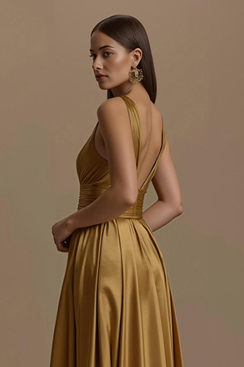 Load image into Gallery viewer, Simple Golden Satin V-Neck Long Holiday Party Dress