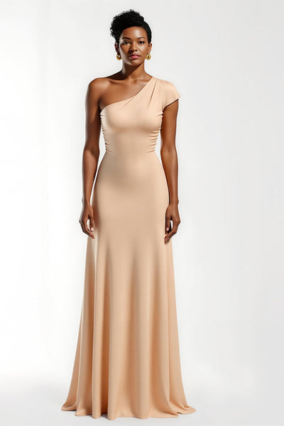 Champagne Satin Sheath One Shoulder Long Holiday Party Dress