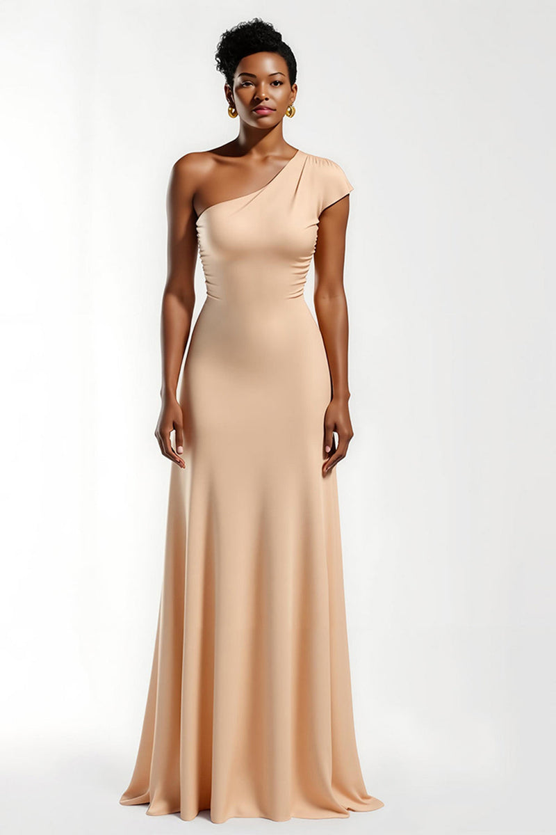 Load image into Gallery viewer, Champagne Satin Sheath One Shoulder Long Holiday Party Dress