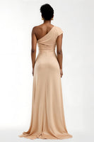 Load image into Gallery viewer, Champagne Satin Sheath One Shoulder Long Holiday Party Dress