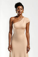 Load image into Gallery viewer, Champagne Satin Sheath One Shoulder Long Holiday Party Dress