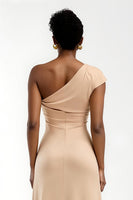 Load image into Gallery viewer, Champagne Satin Sheath One Shoulder Long Holiday Party Dress