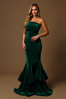 Load image into Gallery viewer, Dark Green Mermaid Tiered Strapless Long Holiday Party Dress