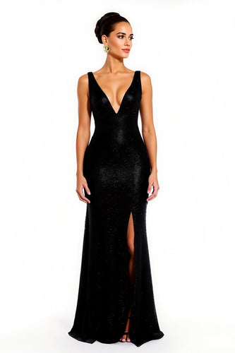 Sparkly Black Sequins Mermaid V-Neck Long Holiday Party Dress with Slit