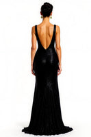 Load image into Gallery viewer, Sparkly Black Sequins Mermaid V-Neck Long Holiday Party Dress with Slit