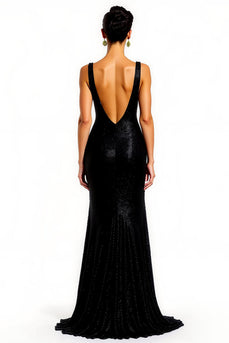 Sparkly Black Sequins Mermaid V-Neck Long Holiday Party Dress with Slit