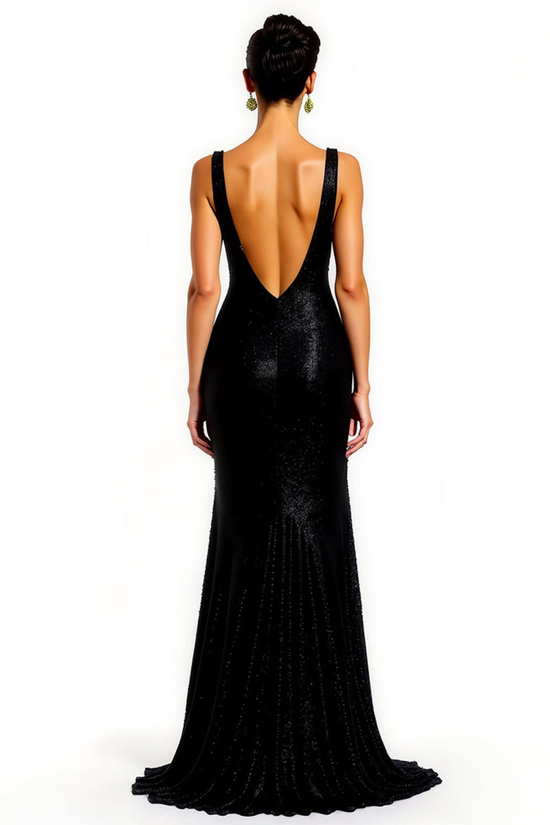 Load image into Gallery viewer, Sparkly Black Sequins Mermaid V-Neck Long Holiday Party Dress with Slit