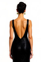 Load image into Gallery viewer, Sparkly Black Sequins Mermaid V-Neck Long Holiday Party Dress with Slit