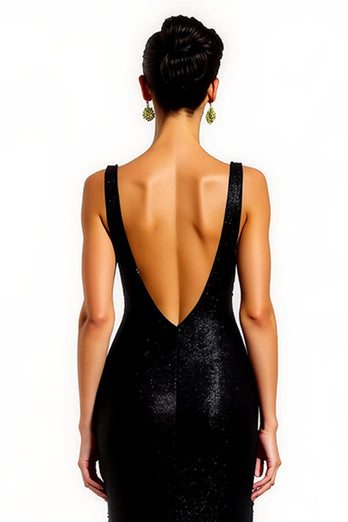 Sparkly Black Sequins Mermaid V-Neck Long Holiday Party Dress with Slit