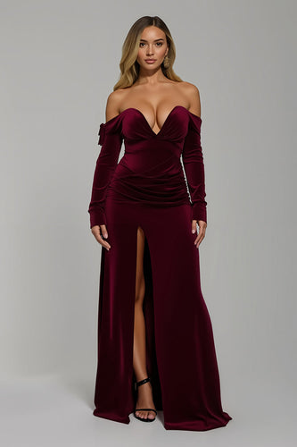 Burgundy Velvet Off the Shoulder Long Holiday Party Dress with Slit