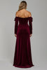 Load image into Gallery viewer, Burgundy Velvet Off the Shoulder Long Holiday Party Dress with Slit