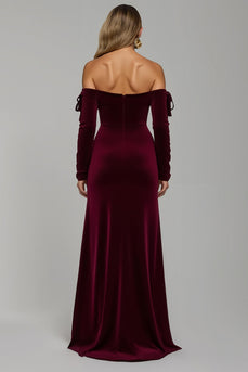 Burgundy Velvet Off the Shoulder Long Holiday Party Dress with Slit