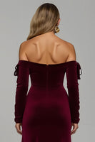 Load image into Gallery viewer, Burgundy Velvet Off the Shoulder Long Holiday Party Dress with Slit