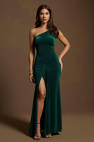 Load image into Gallery viewer, Dark Green Velvet Sheath One Shoulder Long Holiday Party Dress with Slit