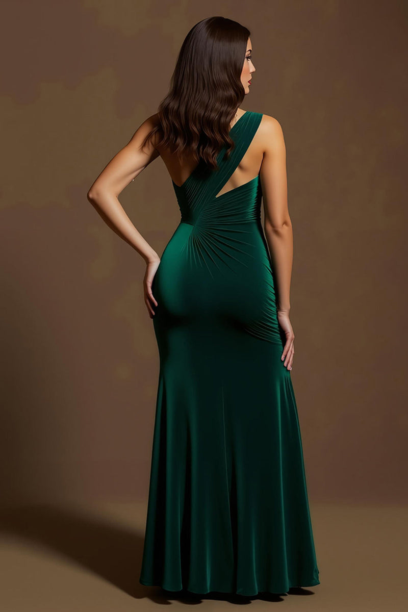 Load image into Gallery viewer, Dark Green Velvet Sheath One Shoulder Long Holiday Party Dress with Slit