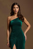Load image into Gallery viewer, Dark Green Velvet Sheath One Shoulder Long Holiday Party Dress with Slit