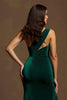 Load image into Gallery viewer, Dark Green Velvet Sheath One Shoulder Long Holiday Party Dress with Slit