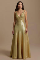 Load image into Gallery viewer, Sparkly Golden A Line Sequins V-Neck Long Holiday Party Dress