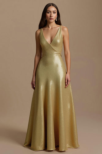 Sparkly Golden A Line Sequins V-Neck Long Holiday Party Dress