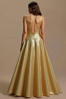 Load image into Gallery viewer, Sparkly Golden A Line Sequins V-Neck Long Holiday Party Dress