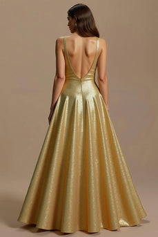Sparkly Golden A Line Sequins V-Neck Long Holiday Party Dress