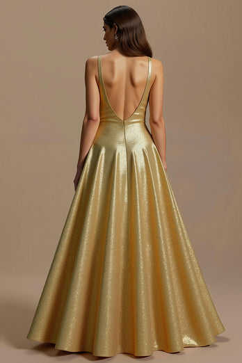 Sparkly Golden A Line Sequins V-Neck Long Holiday Party Dress