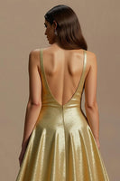 Load image into Gallery viewer, Sparkly Golden A Line Sequins V-Neck Long Holiday Party Dress