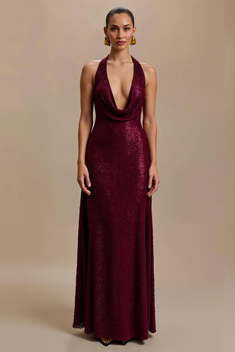 Sparkly Burgundy Sheath Sequins V-Neck Long Holiday Party Dress