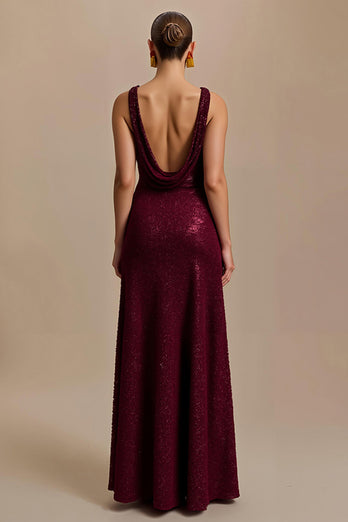 Sparkly Burgundy Sheath Sequins V-Neck Long Holiday Party Dress