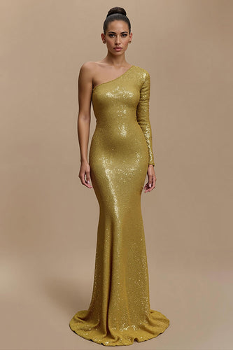 Sparkly Golden Mermaid Sequins Long Holiday Party Dress with Sleeves