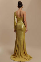 Load image into Gallery viewer, Sparkly Golden Mermaid Sequins Long Holiday Party Dress with Sleeves