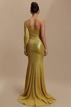 Sparkly Golden Mermaid Sequins Long Holiday Party Dress with Sleeves