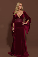 Load image into Gallery viewer, Burgundy Velvet Mermaid V-Neck Long Holiday Party Dress with Sleeves