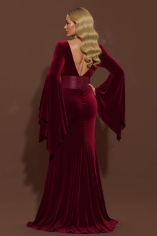 Burgundy Velvet Mermaid V-Neck Long Holiday Party Dress with Sleeves