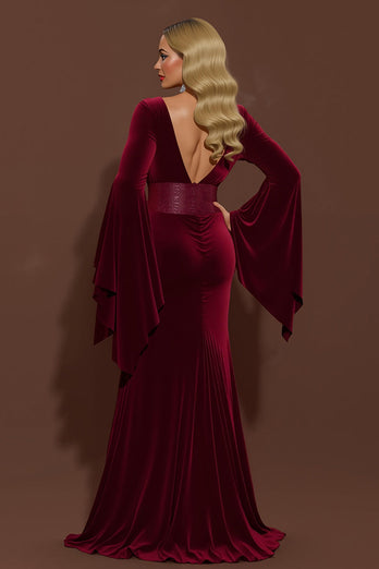 Burgundy Velvet Mermaid V-Neck Long Holiday Party Dress with Sleeves