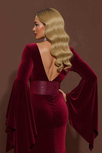 Burgundy Velvet Mermaid V-Neck Long Holiday Party Dress with Sleeves