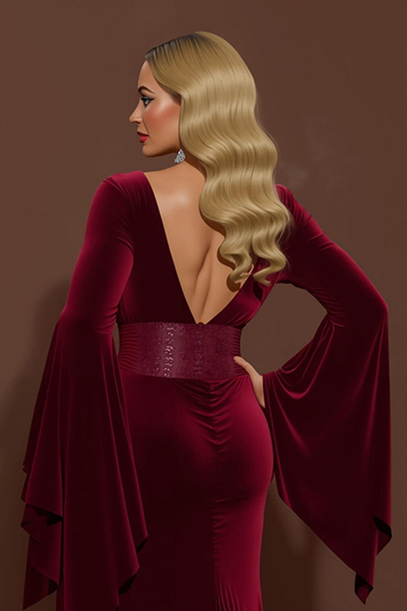 Load image into Gallery viewer, Burgundy Velvet Mermaid V-Neck Long Holiday Party Dress with Sleeves