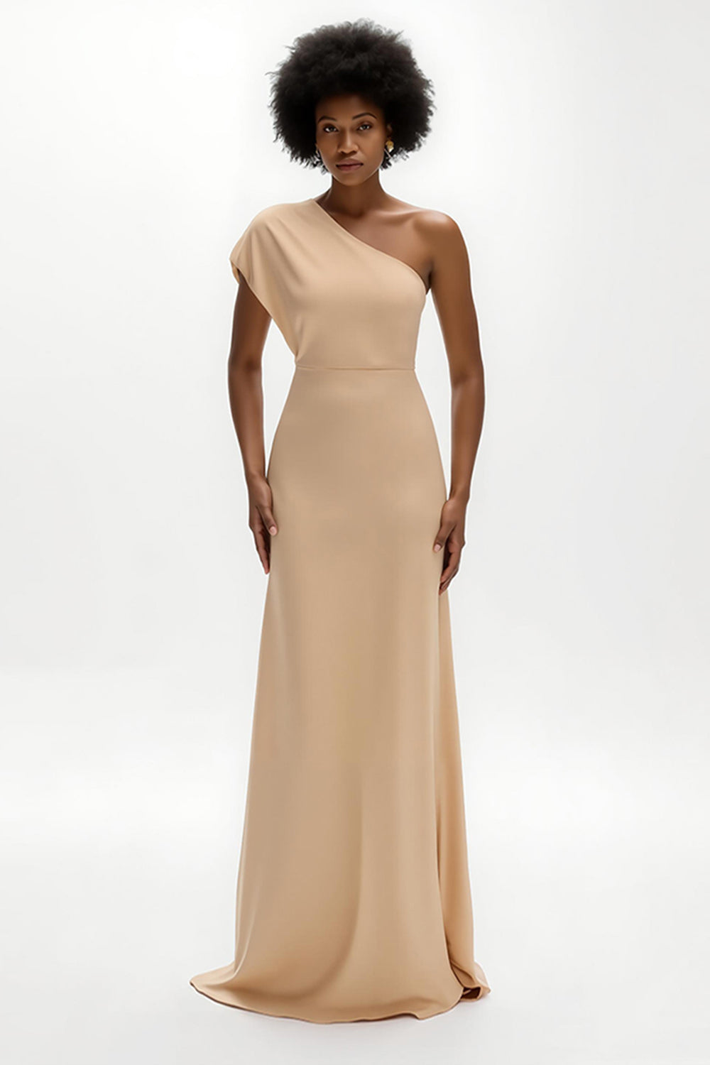 Champagne Sheath Satin One Shoulder Long Formal Dress